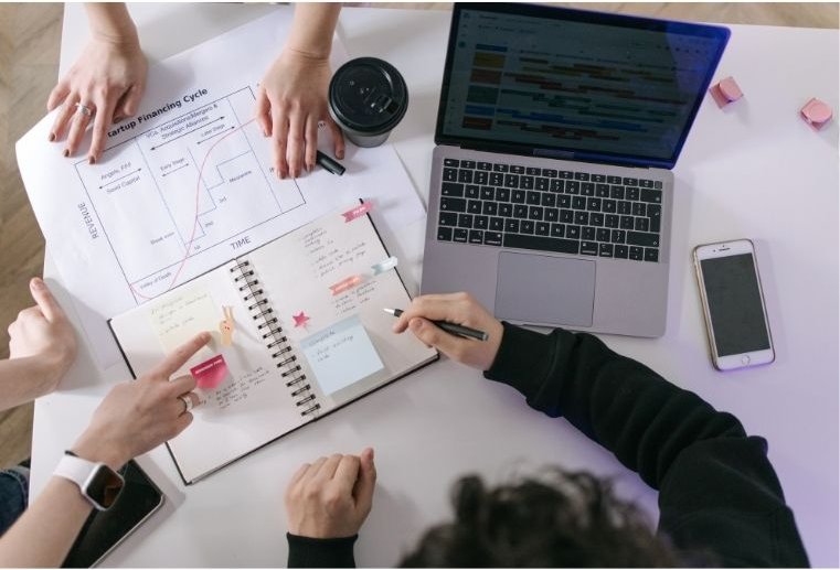 Team working through a plan together with a laptop, notebook and printed chart