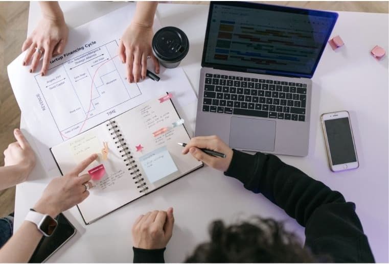 Team working through a plan together with a laptop, notebook and printed chart