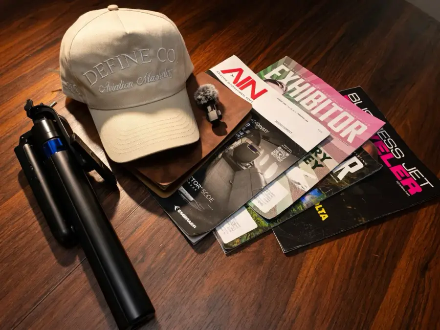 Define Co. cap with aviation trade magazines and a mic on a wood table