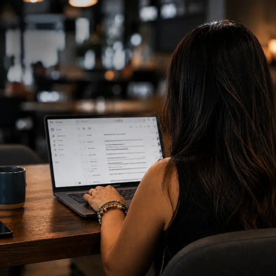 Working at a laptop in a cafe, inbox open